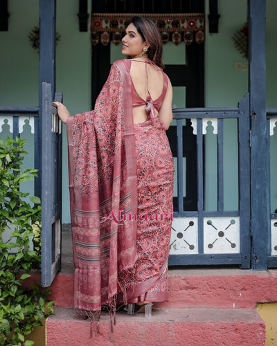 Pure Cotton Linen Saree Weaved With Zari Comes With Tassels - Almaari Fashion