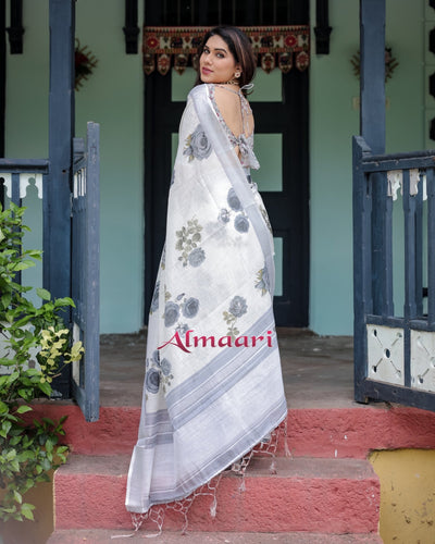 Pure Cotton Linen Saree Weaved With Zari Comes With Tassels - Almaari Fashion