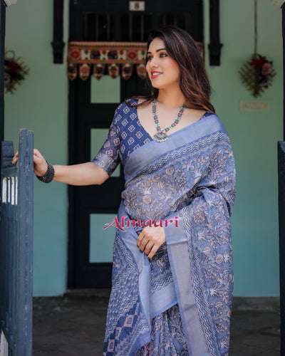 Pure Cotton Linen Saree Weaved With Zari Comes With Tassels - Almaari Fashion