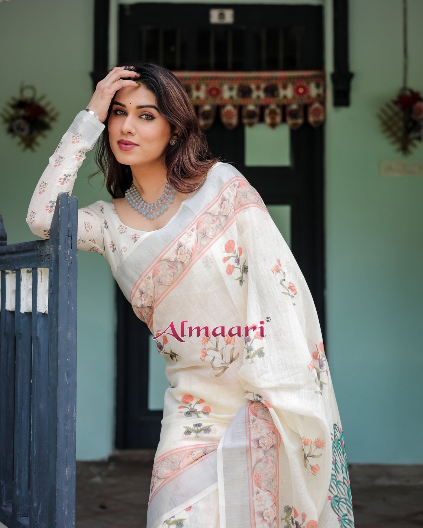 Pure Cotton Linen Saree Weaved With Zari Comes With Tassels - Almaari Fashion