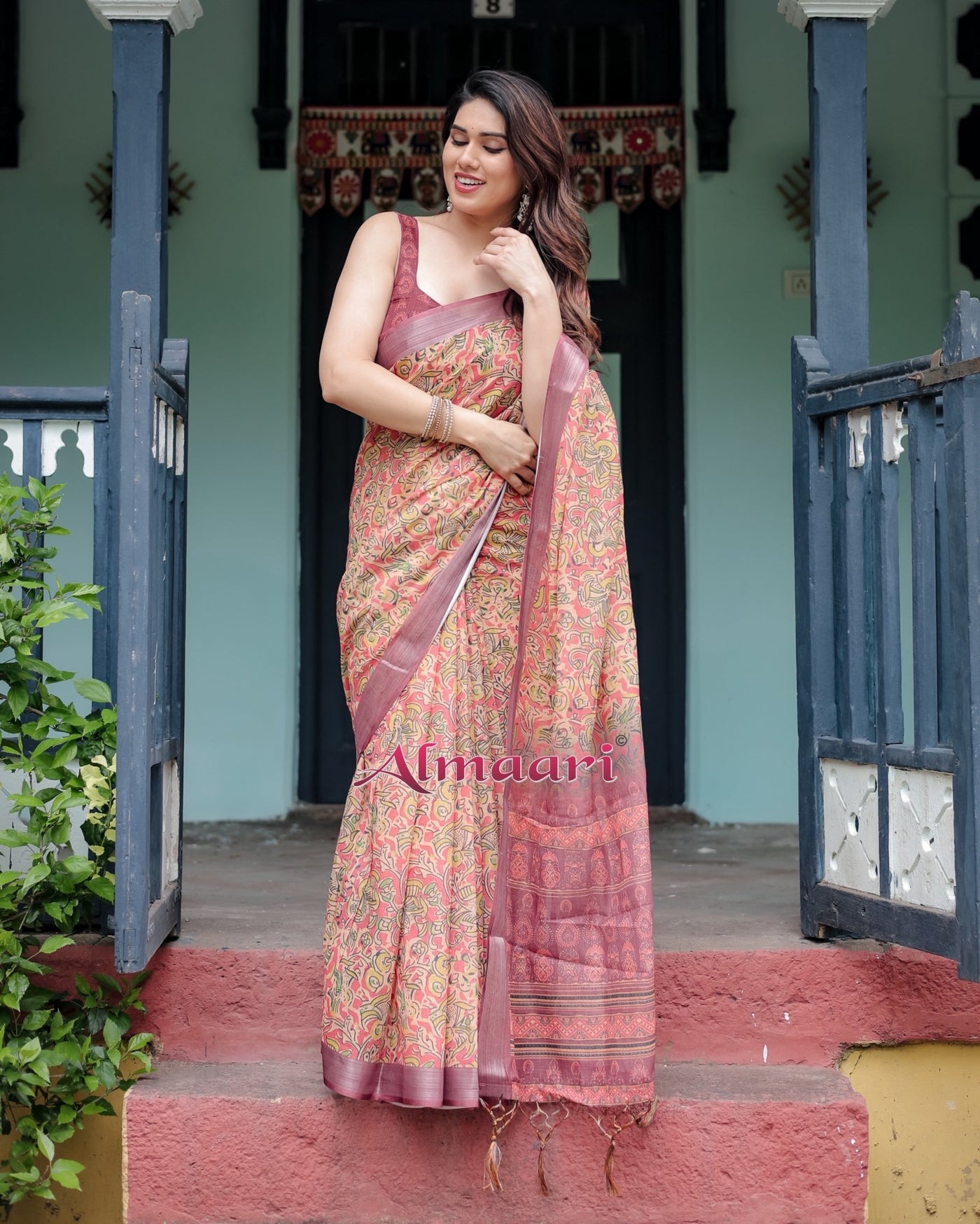 Pure Cotton Linen Saree Weaved With Zari Comes With Tassels - Almaari Fashion