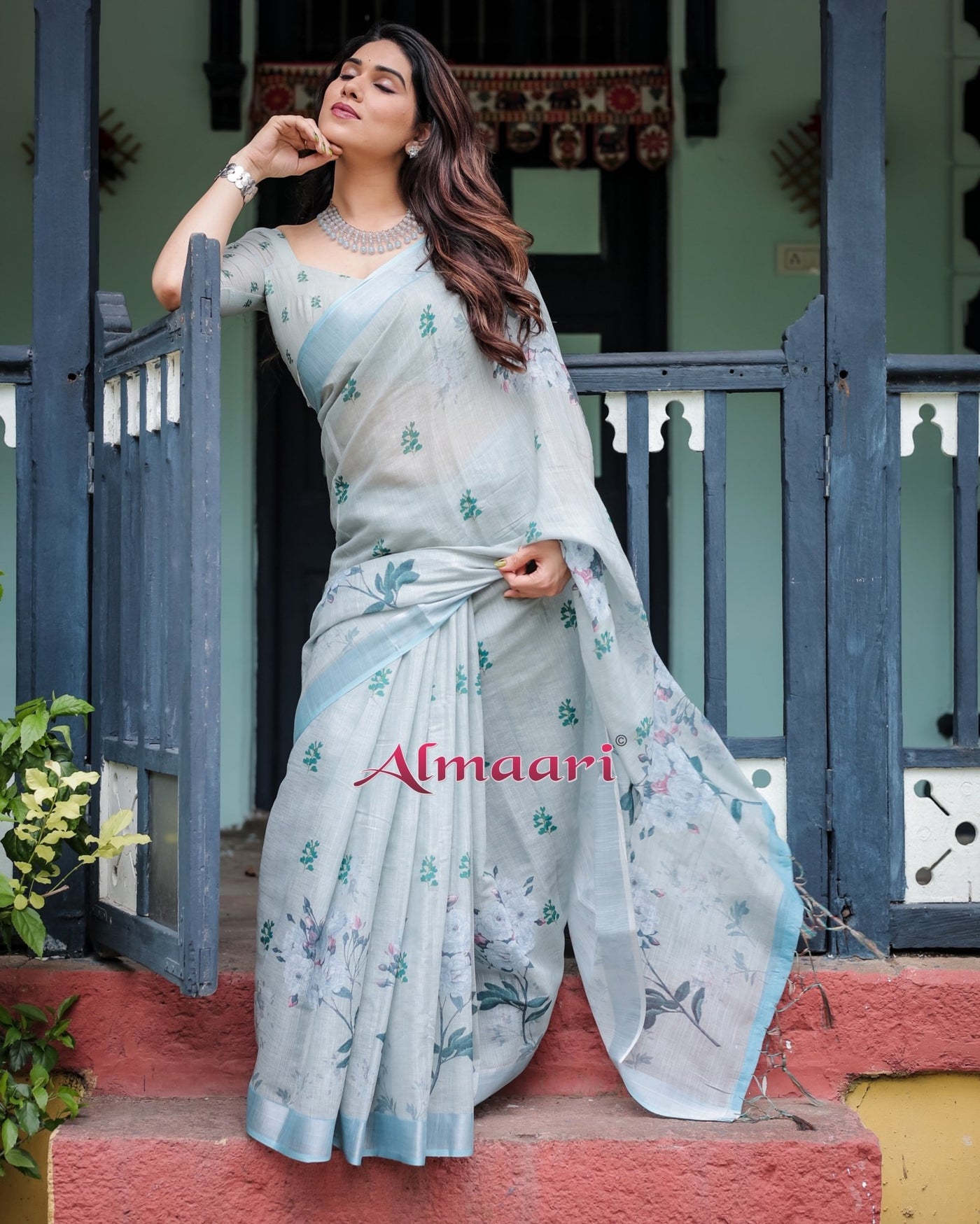 Pure Cotton Linen Saree Weaved With Zari Comes With Tassels - Almaari Fashion