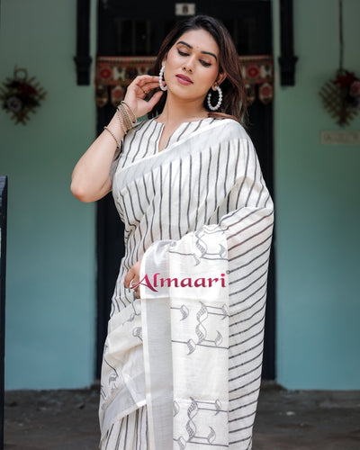 Pure Cotton Linen Saree Weaved With Zari Comes With Tassels - Almaari Fashion