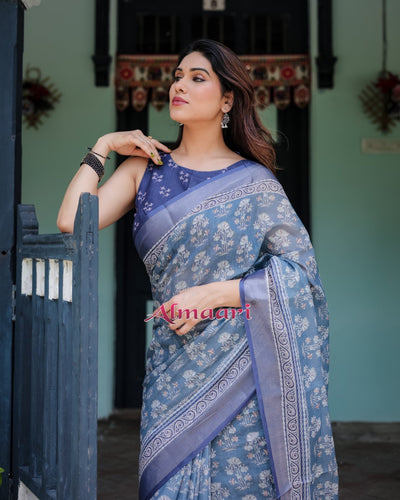 Pure Cotton Linen Saree Weaved With Zari Comes With Tassels - Almaari Fashion