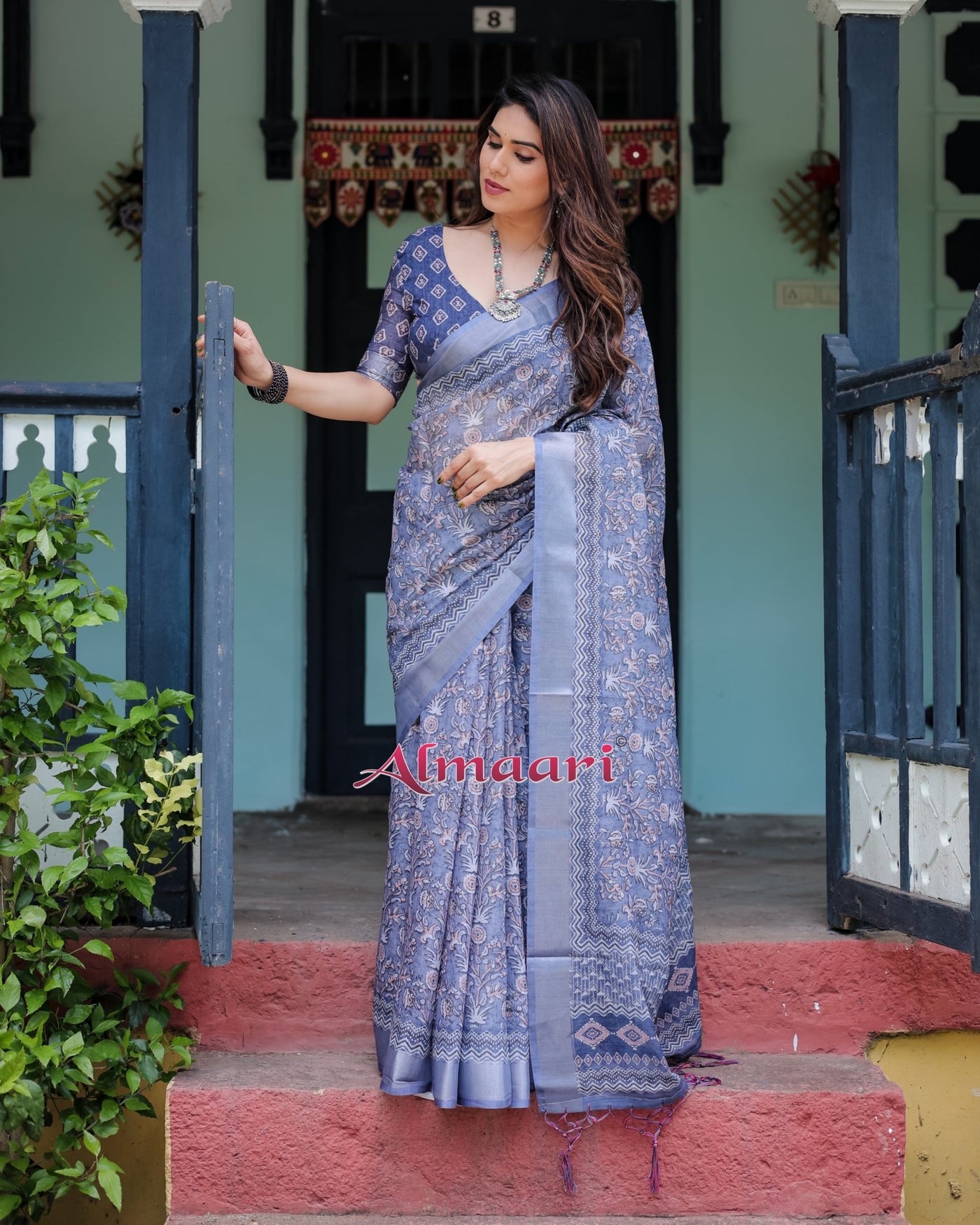 Pure Cotton Linen Saree Weaved With Zari Comes With Tassels - Almaari Fashion