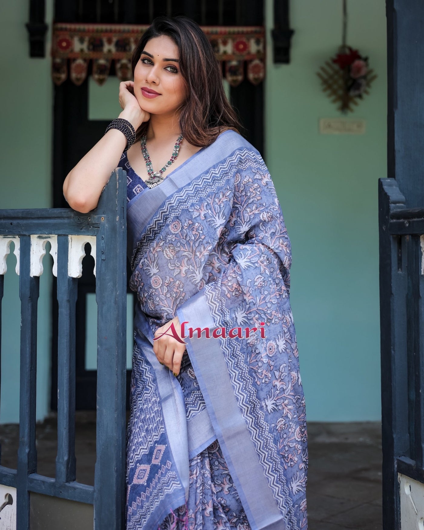 Pure Cotton Linen Saree Weaved With Zari Comes With Tassels - Almaari Fashion