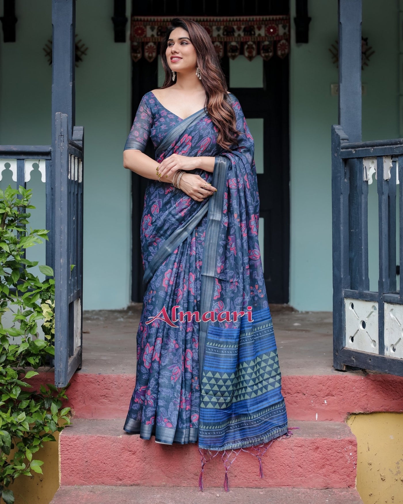 Pure Cotton Linen Saree Weaved With Zari Comes With Tassels - Almaari Fashion