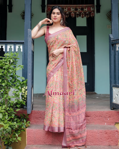 Pure Cotton Linen Saree Weaved With Zari Comes With Tassels - Almaari Fashion