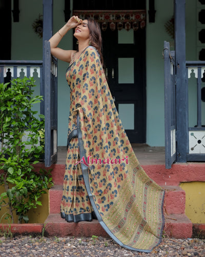 Pure Cotton Linen Saree Weaved With Zari Comes With Tassels - Almaari Fashion