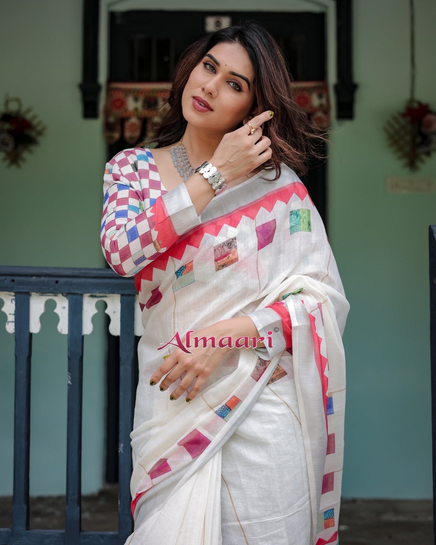 Pure Cotton Linen Saree Weaved With Zari Comes With Tassels - Almaari Fashion