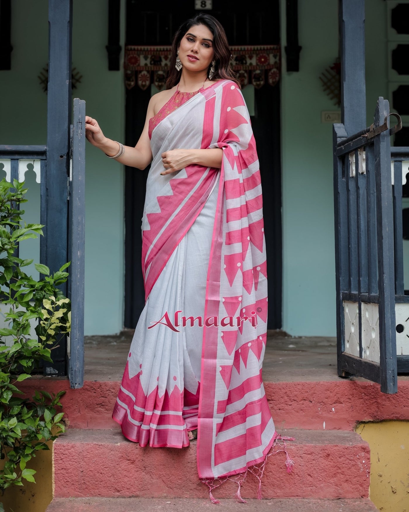 Pure Cotton Linen Saree Weaved With Zari Comes With Tassels - Almaari Fashion