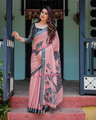 Pure Cotton Linen Saree Weaved With Zari Comes With Tassels - Almaari Fashion