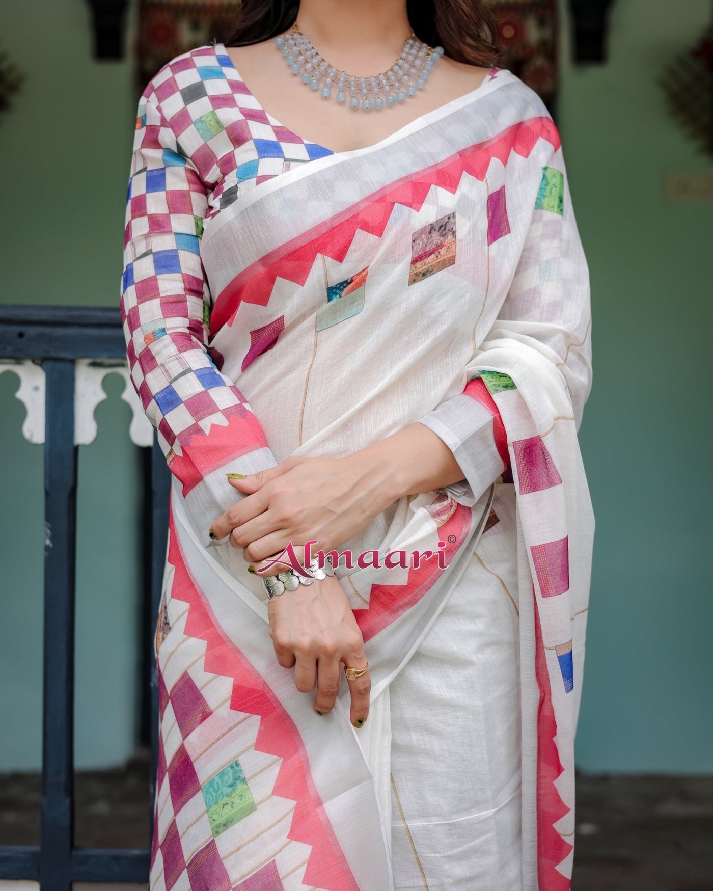 Pure Cotton Linen Saree Weaved With Zari Comes With Tassels - Almaari Fashion