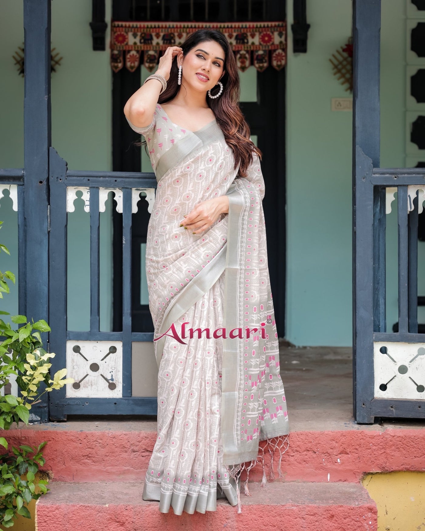 Pure Cotton Linen Saree Weaved With Zari Comes With Tassels - Almaari Fashion