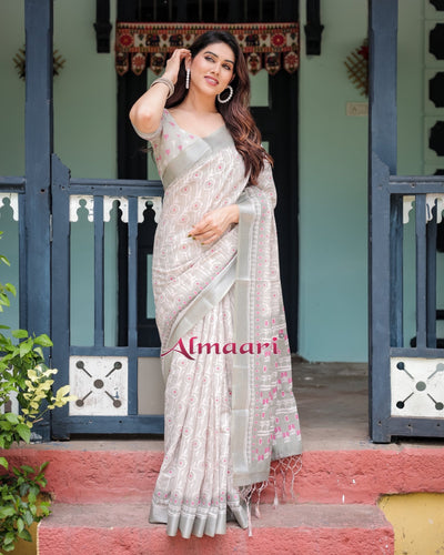 Pure Cotton Linen Saree Weaved With Zari Comes With Tassels - Almaari Fashion