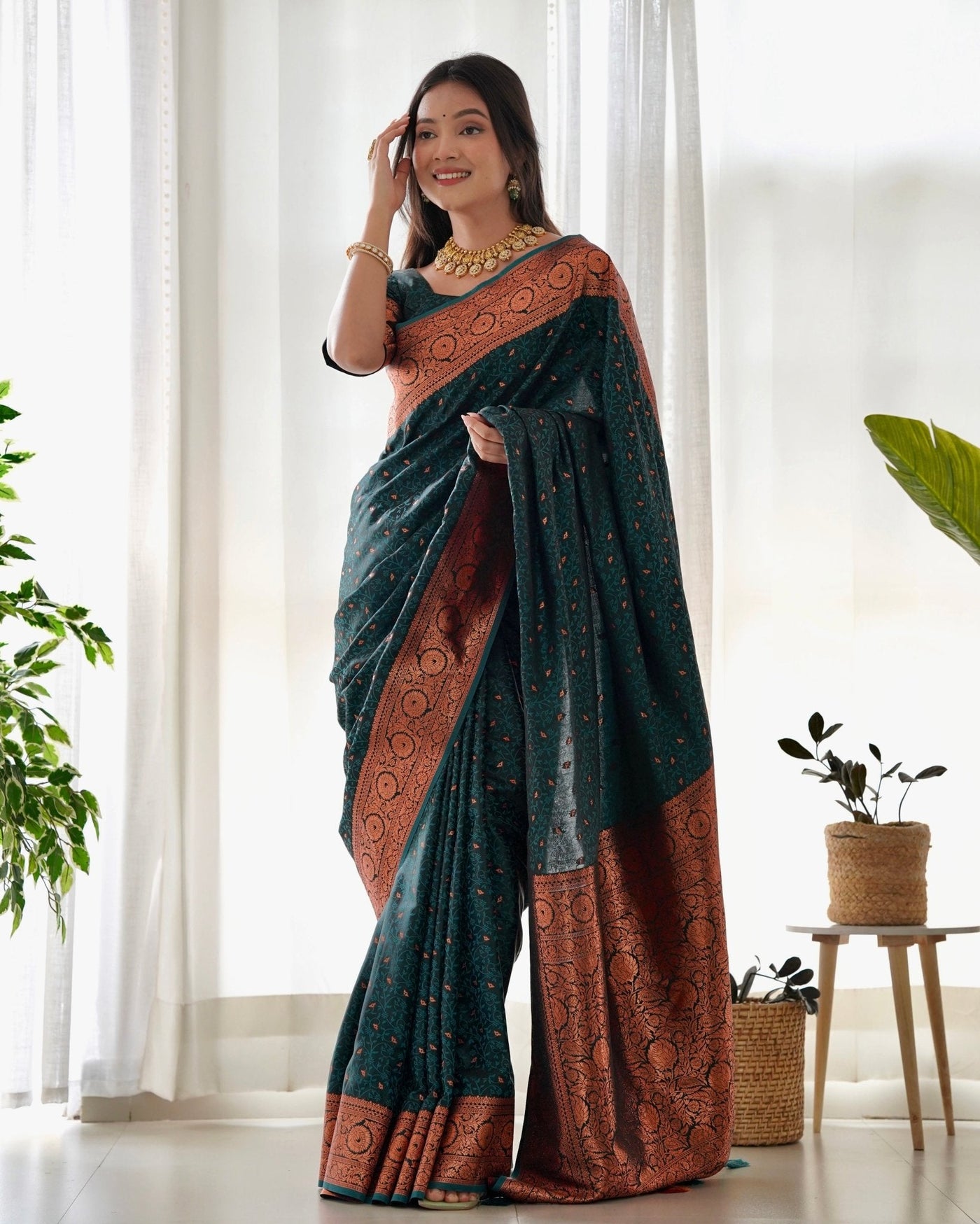 Pure Gaji Silk Saree Weaved With Copper Zari - Almaari Fashion