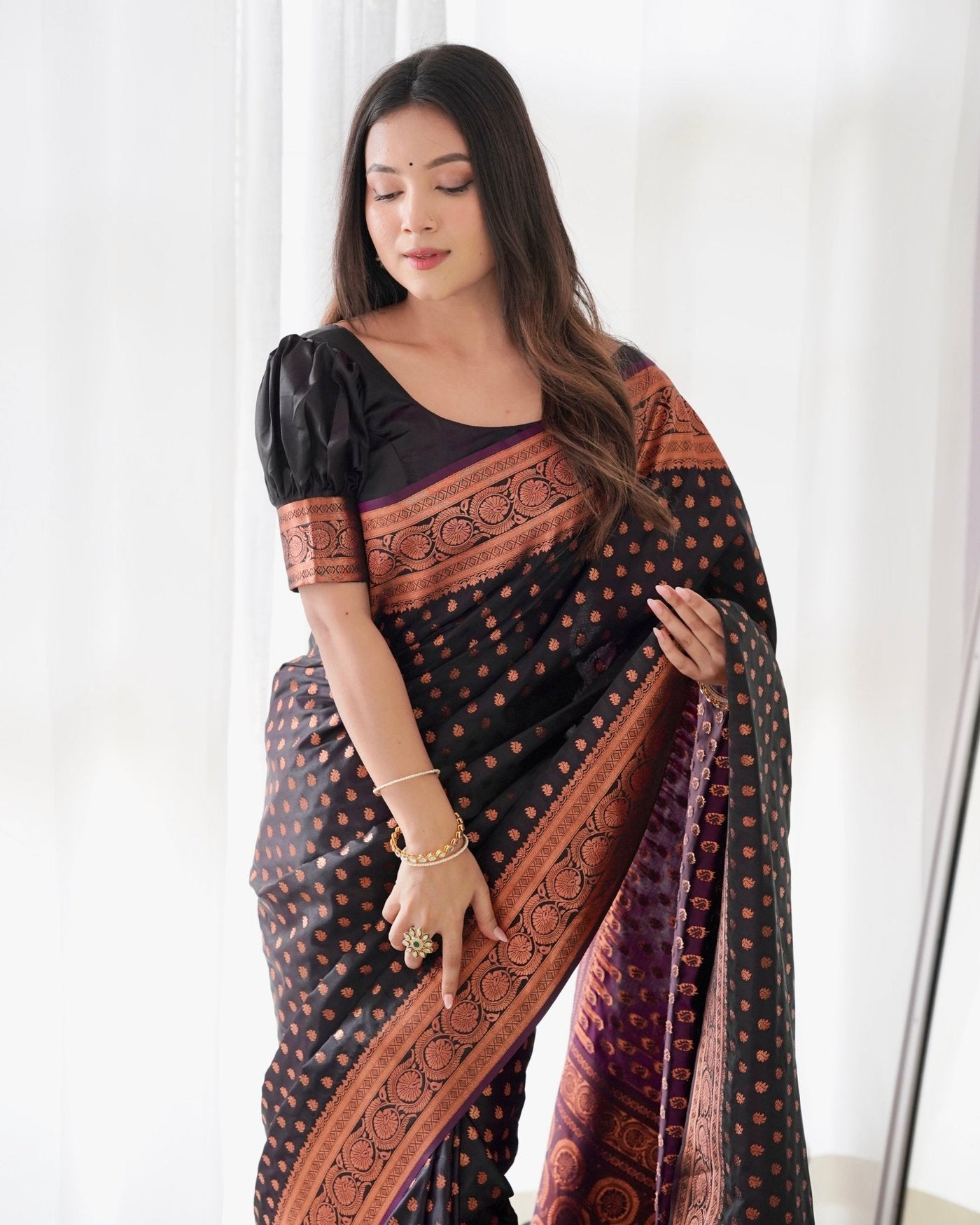 Pure Gaji Silk Saree Weaved With Copper Zari - Almaari Fashion