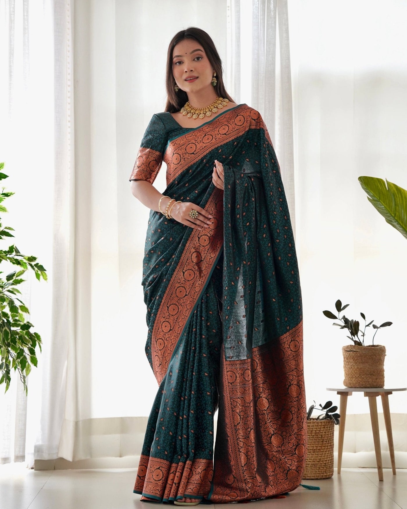 Pure Gaji Silk Saree Weaved With Copper Zari - Almaari Fashion