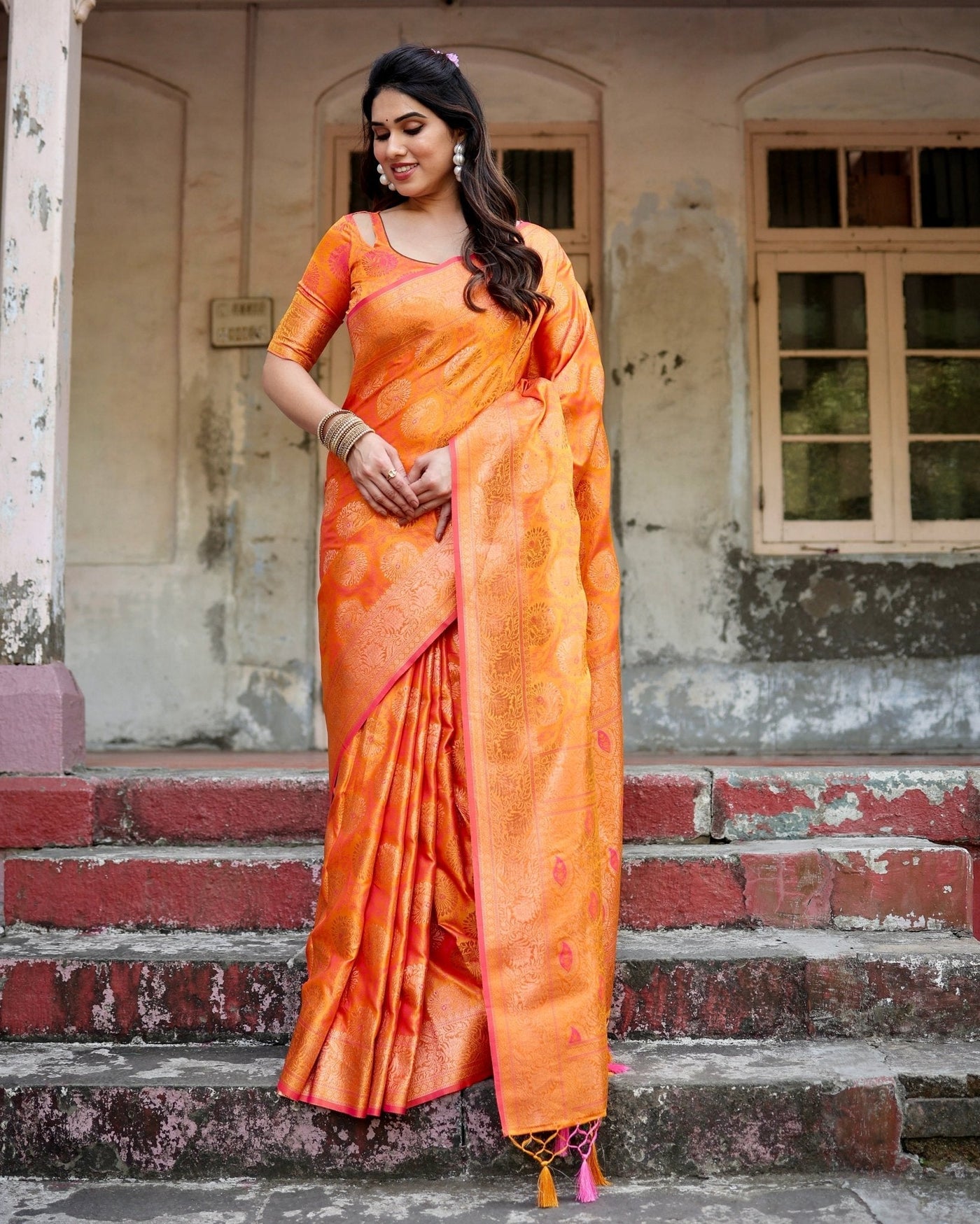 Pure Gaji Silk Saree Weaved With Zari Comes With Tassels - Almaari Fashion