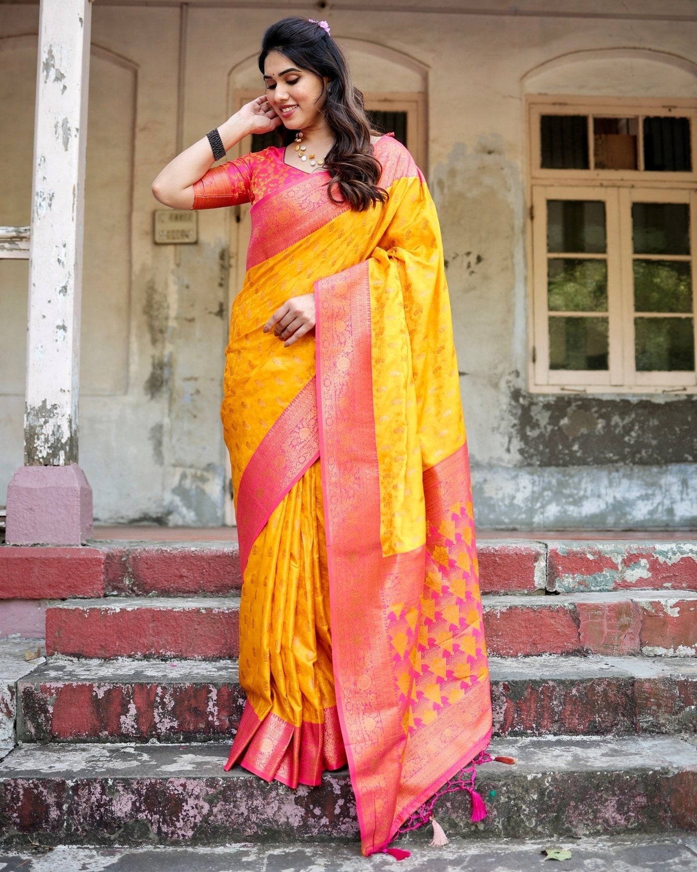 Pure Gaji Silk Saree Weaved With Zari Comes With Tassels - Almaari Fashion