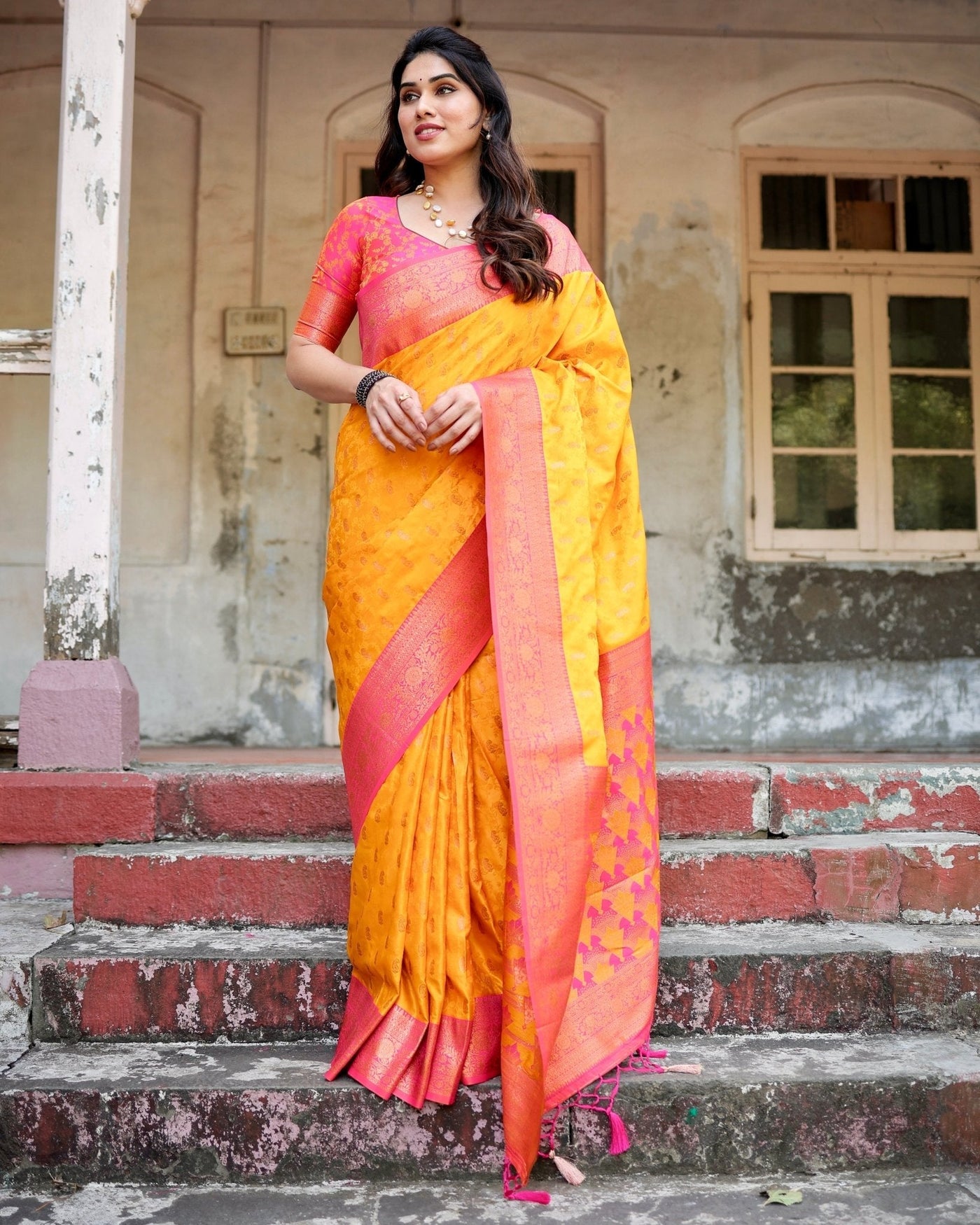 Pure Gaji Silk Saree Weaved With Zari Comes With Tassels - Almaari Fashion