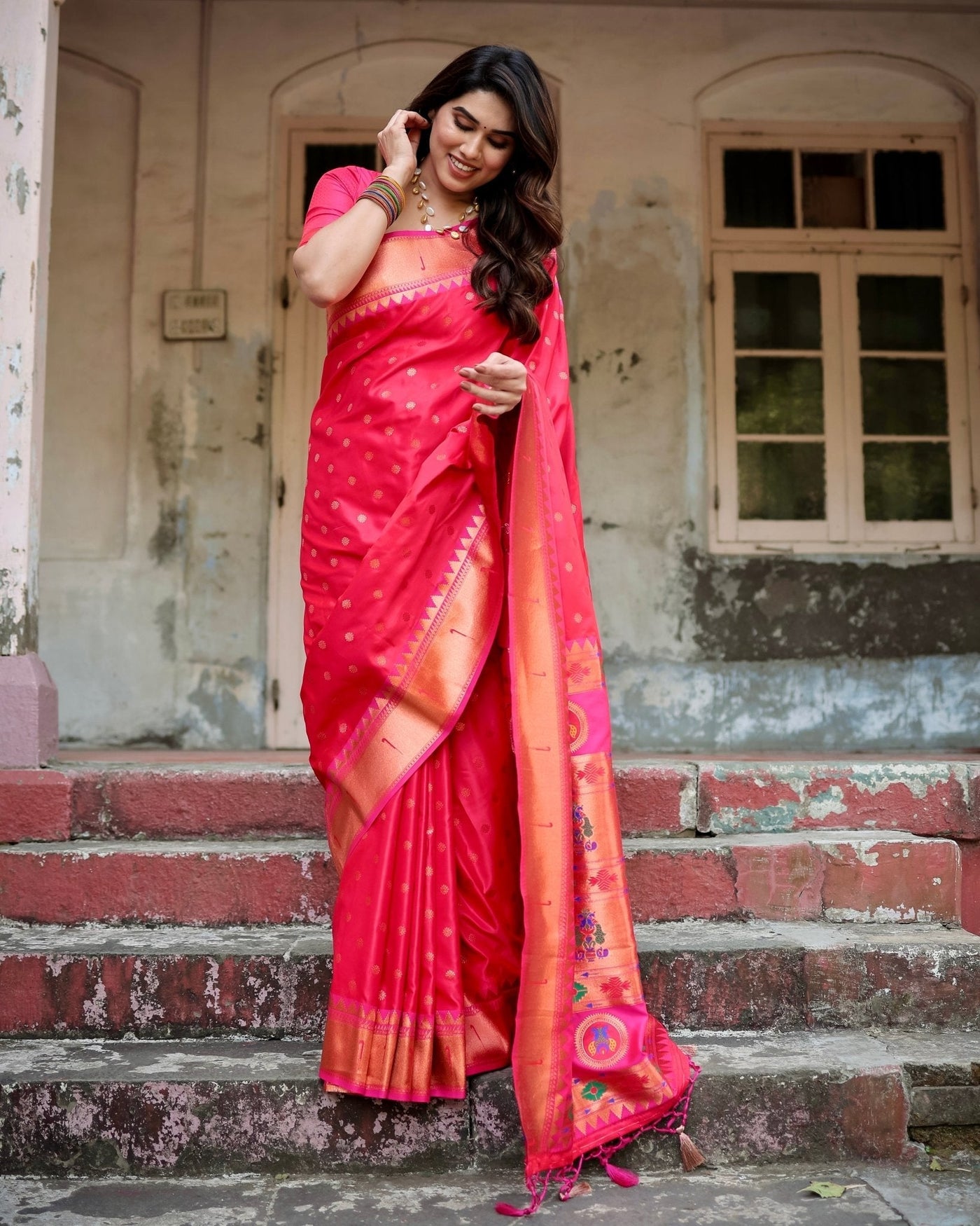 Pure Gaji Silk Saree Weaved With Zari Comes With Tassels - Almaari Fashion