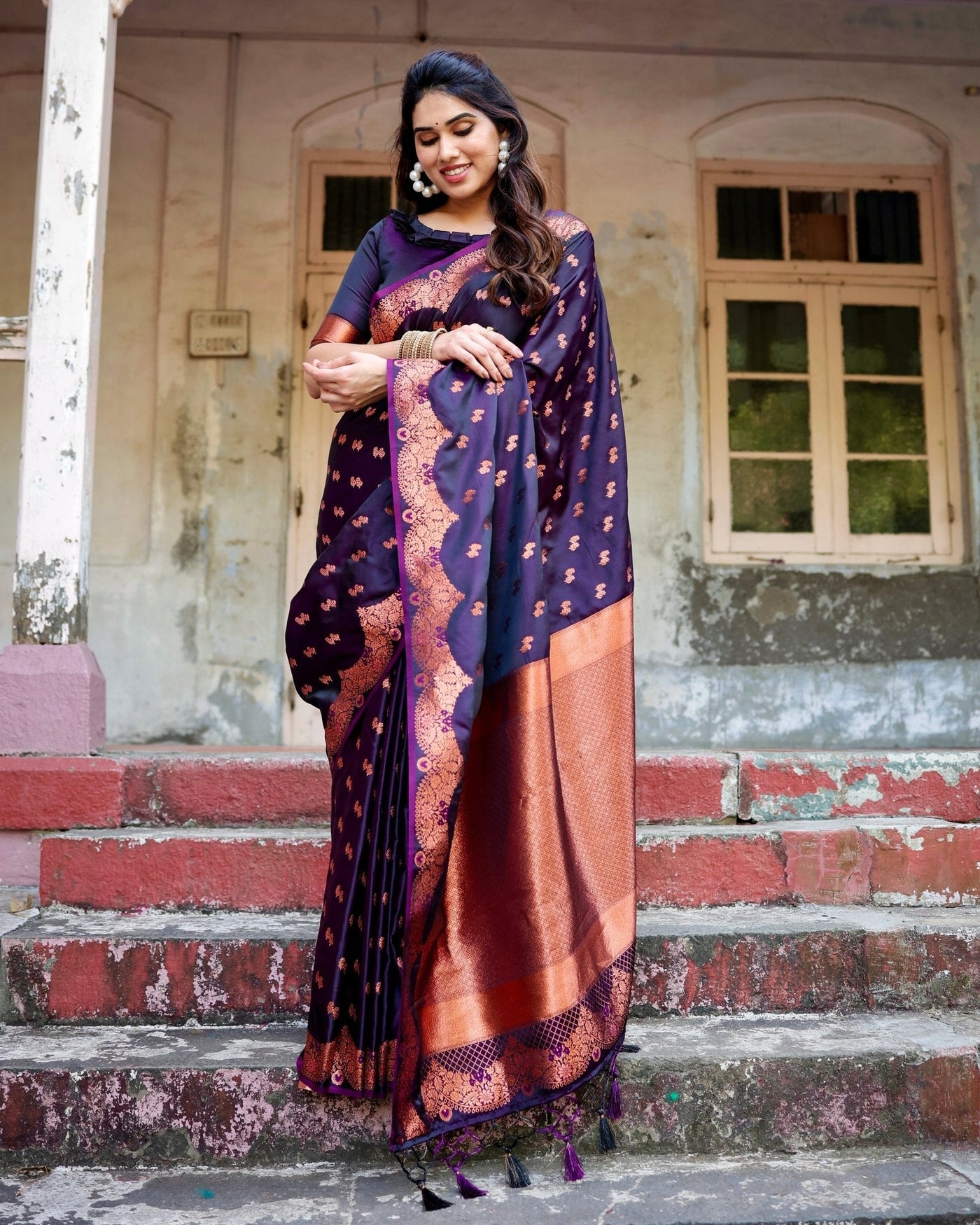 Pure Gaji Silk Saree Weaved With Zari Comes With Tassels - Almaari Fashion