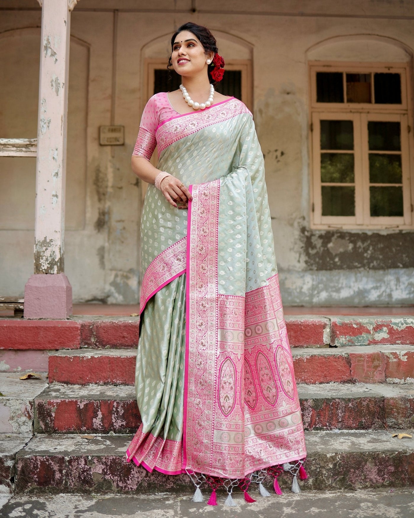 Pure Gaji Silk Saree Weaved With Zari Comes With Tassels - Almaari Fashion