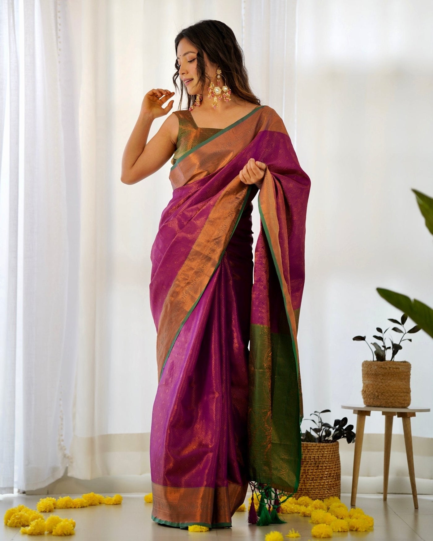 Pure Kanjivaram Silk Saree Weaved With Copper Zari - Almaari Fashion