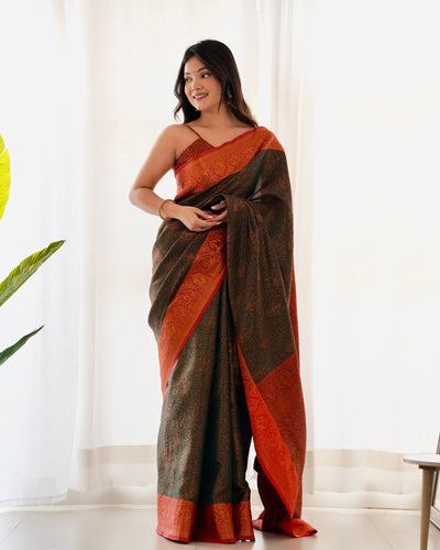 Pure Kanjivaram Silk Saree Weaved With Copper Zari - Almaari Fashion