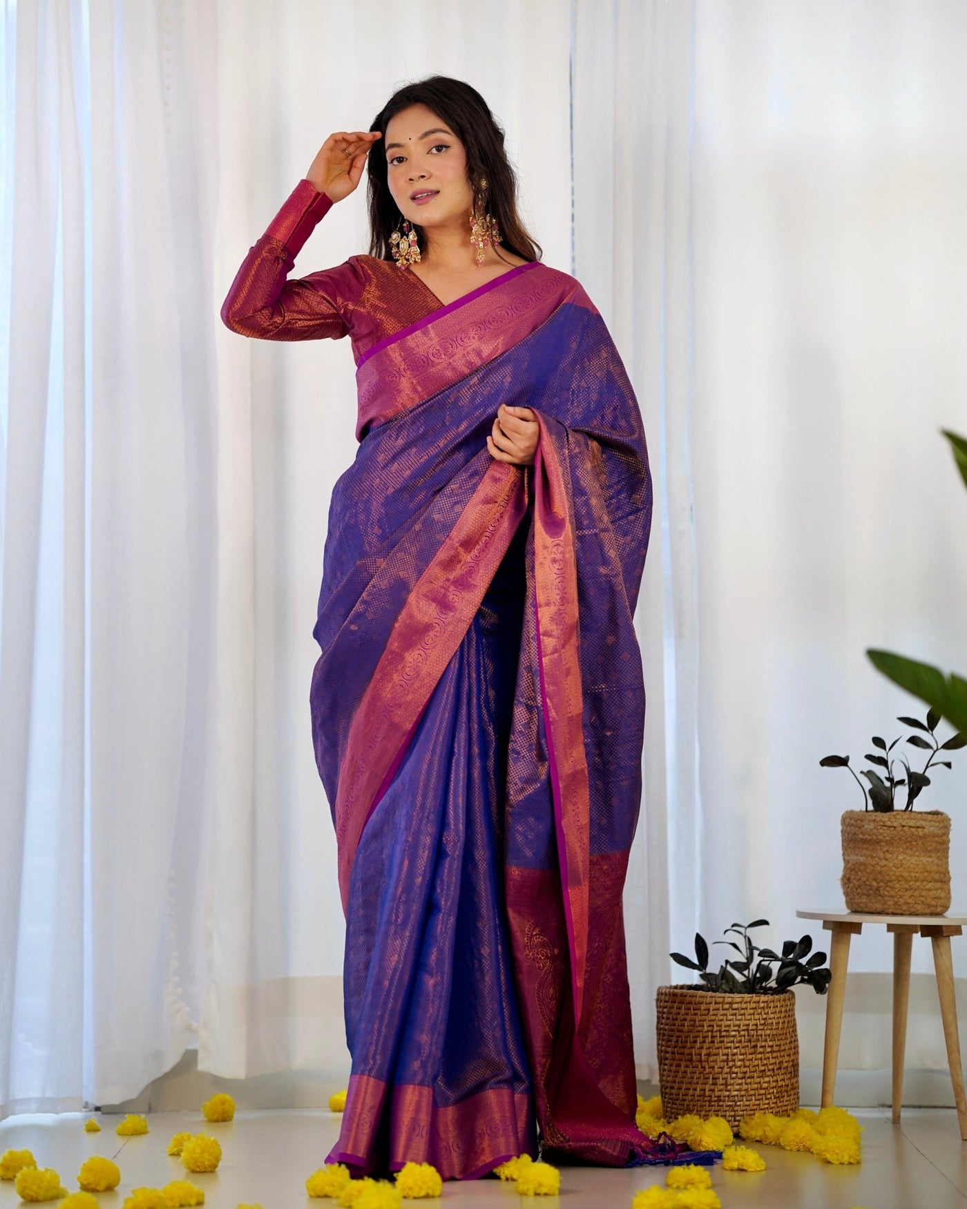 Pure Kanjivaram Silk Saree Weaved With Copper Zari - Almaari Fashion