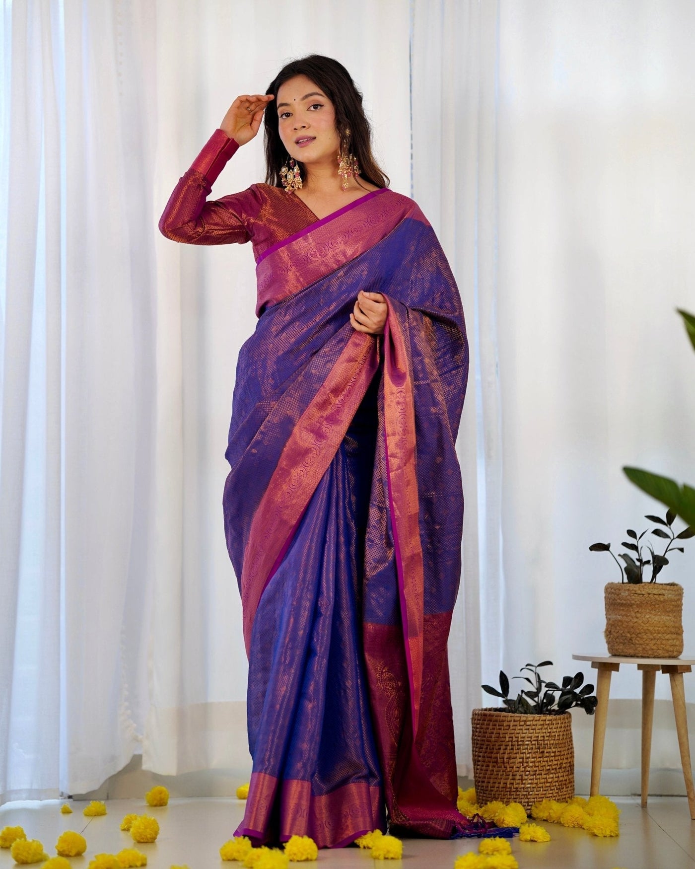 Pure Kanjivaram Silk Saree Weaved With Copper Zari - Almaari Fashion