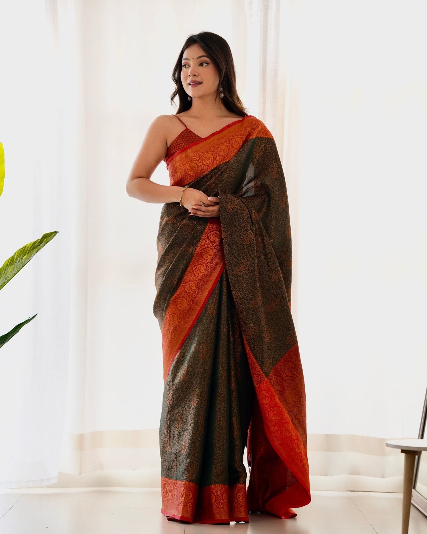 Pure Kanjivaram Silk Saree Weaved With Copper Zari - Almaari Fashion