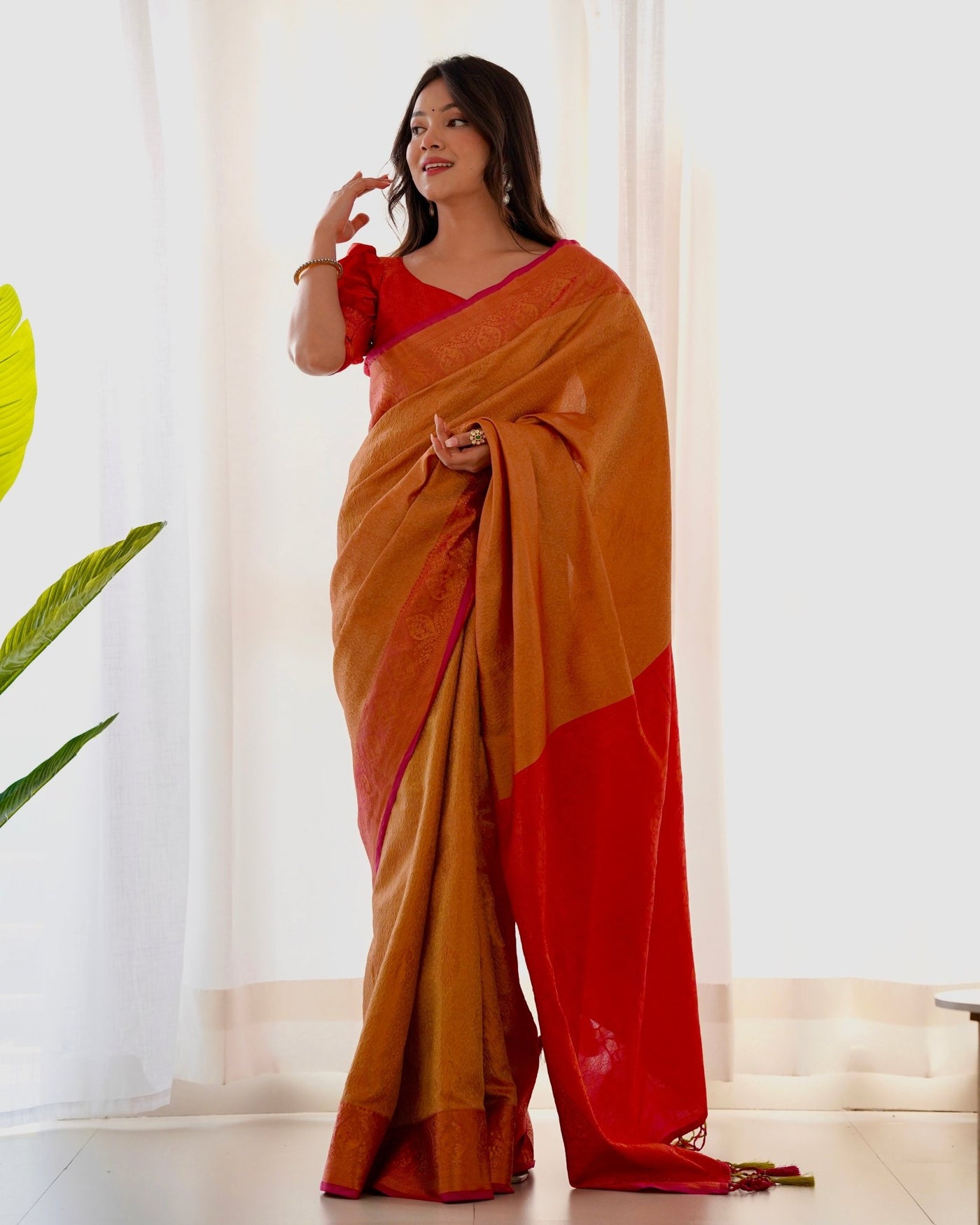 Pure Kanjivaram Silk Saree Weaved With Copper Zari - Almaari Fashion