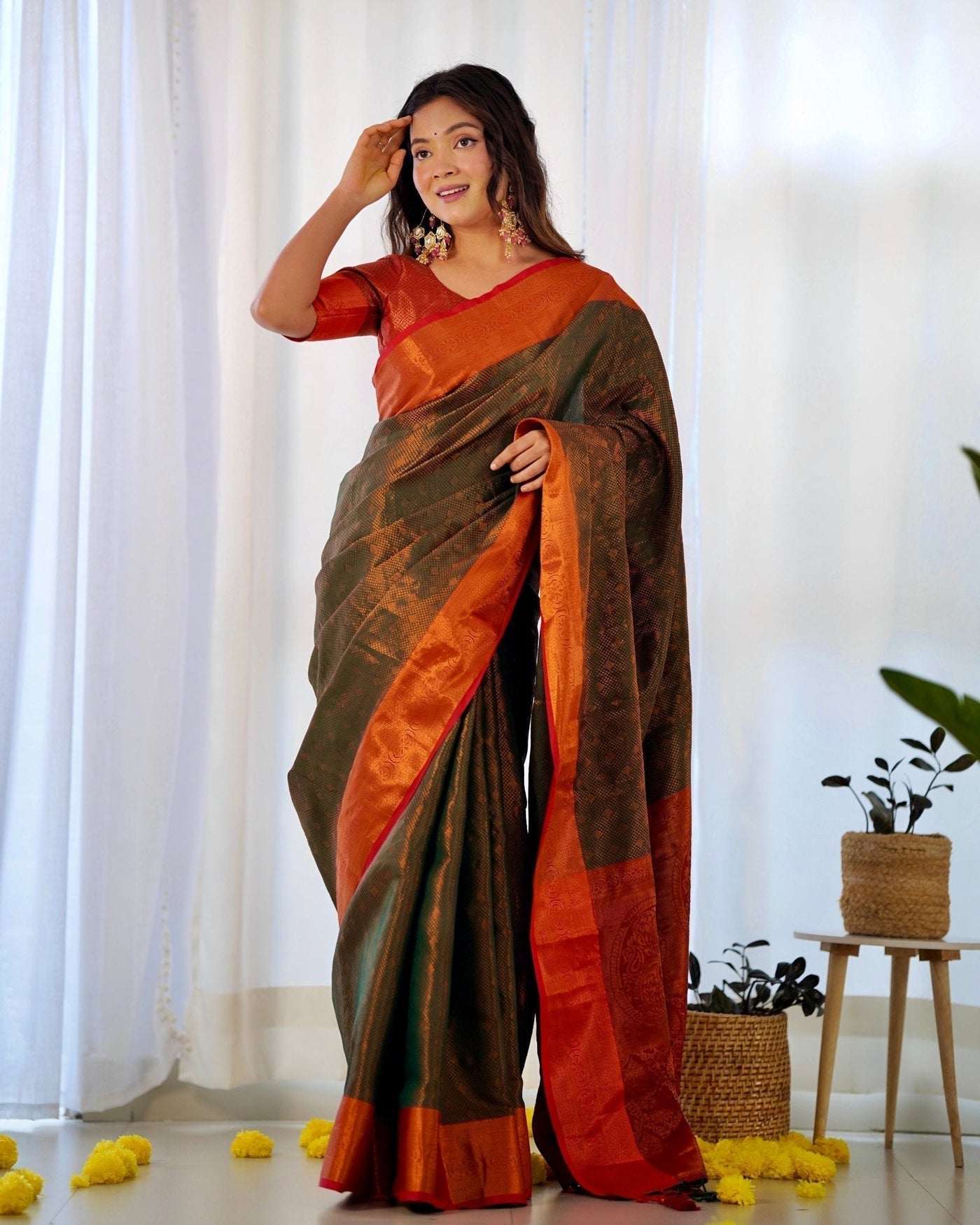 Pure Kanjivaram Silk Saree Weaved With Copper Zari - Almaari Fashion