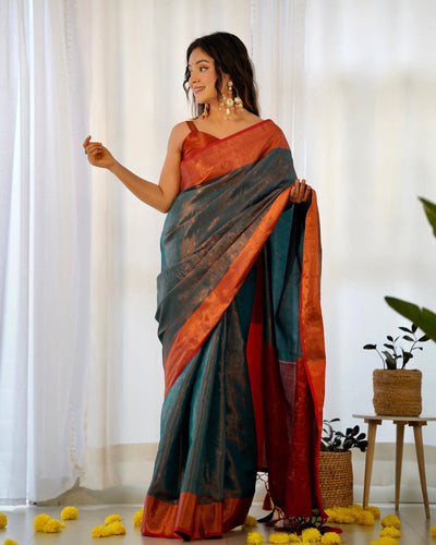 Pure Kanjivaram Silk Saree Weaved With Copper Zari - Almaari Fashion