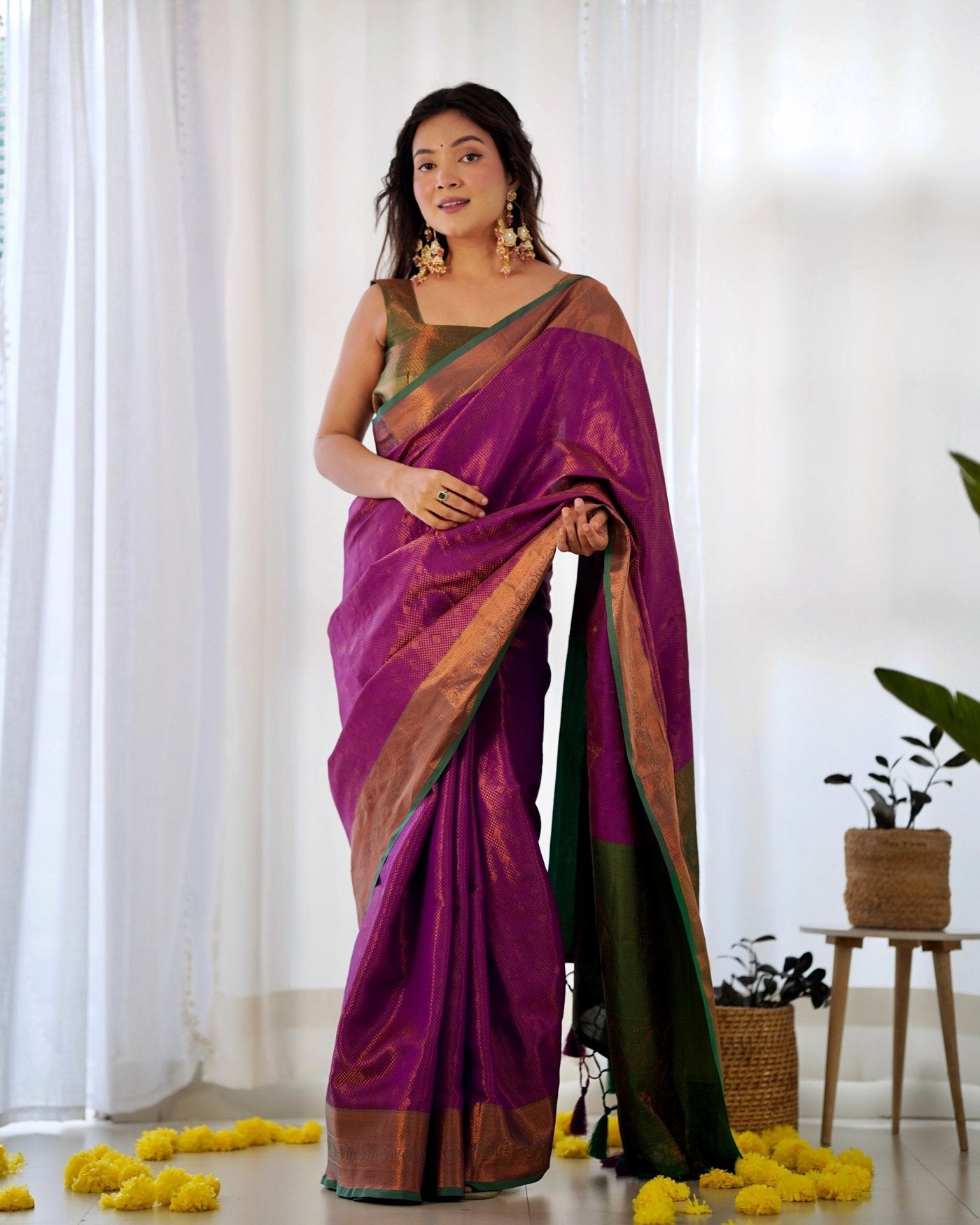 Pure Kanjivaram Silk Saree Weaved With Copper Zari - Almaari Fashion