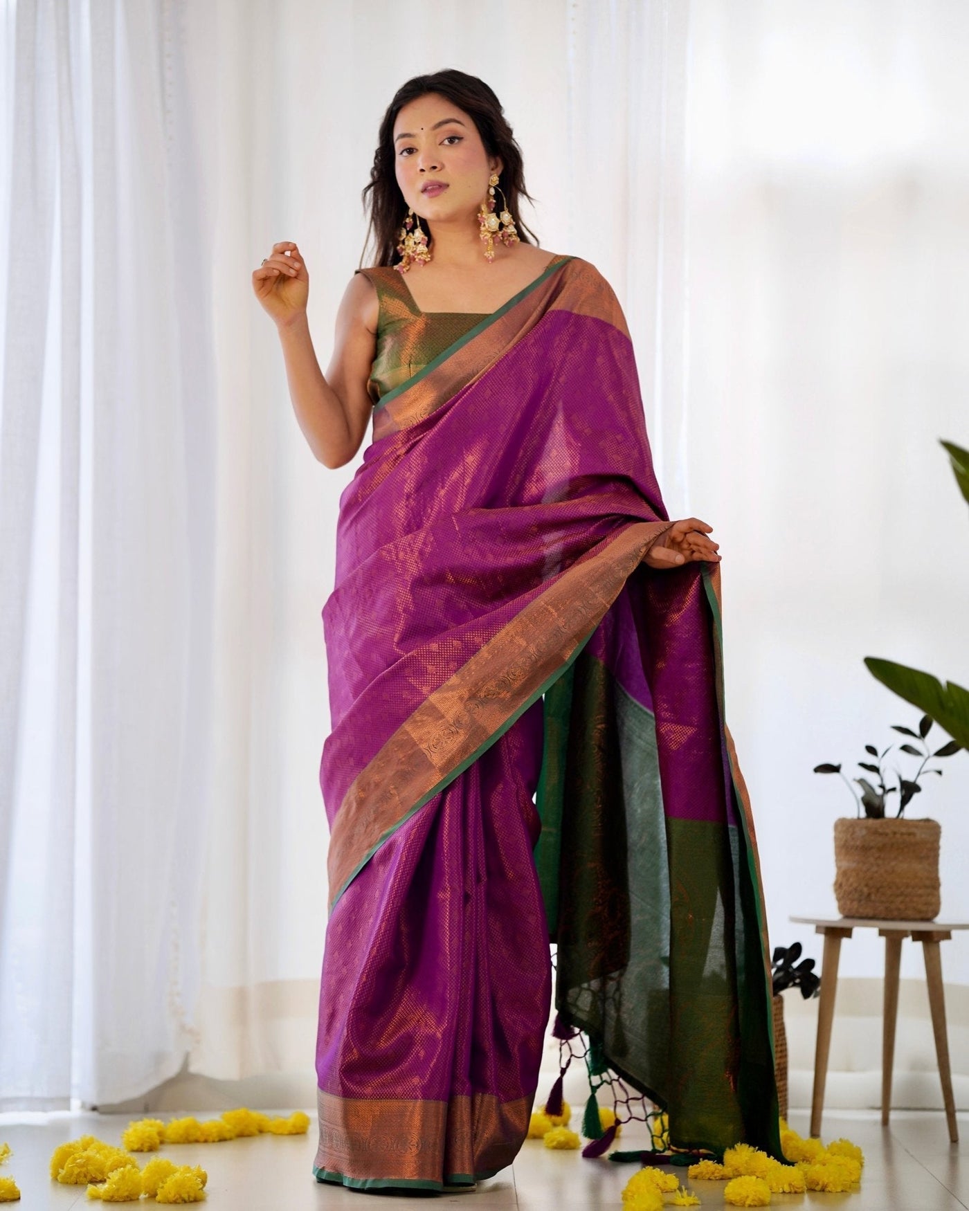 Pure Kanjivaram Silk Saree Weaved With Copper Zari - Almaari Fashion