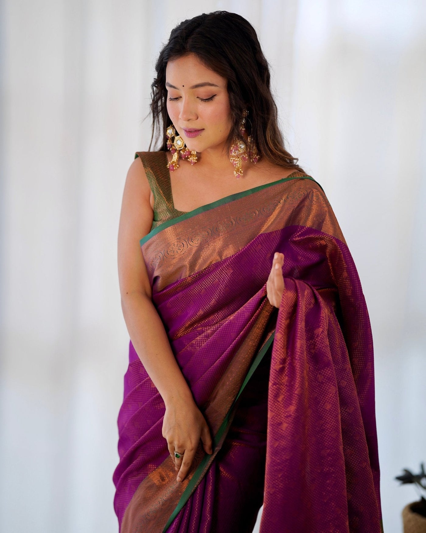 Pure Kanjivaram Silk Saree Weaved With Copper Zari - Almaari Fashion