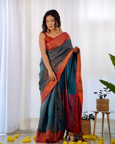 Pure Kanjivaram Silk Saree Weaved With Copper Zari - Almaari Fashion