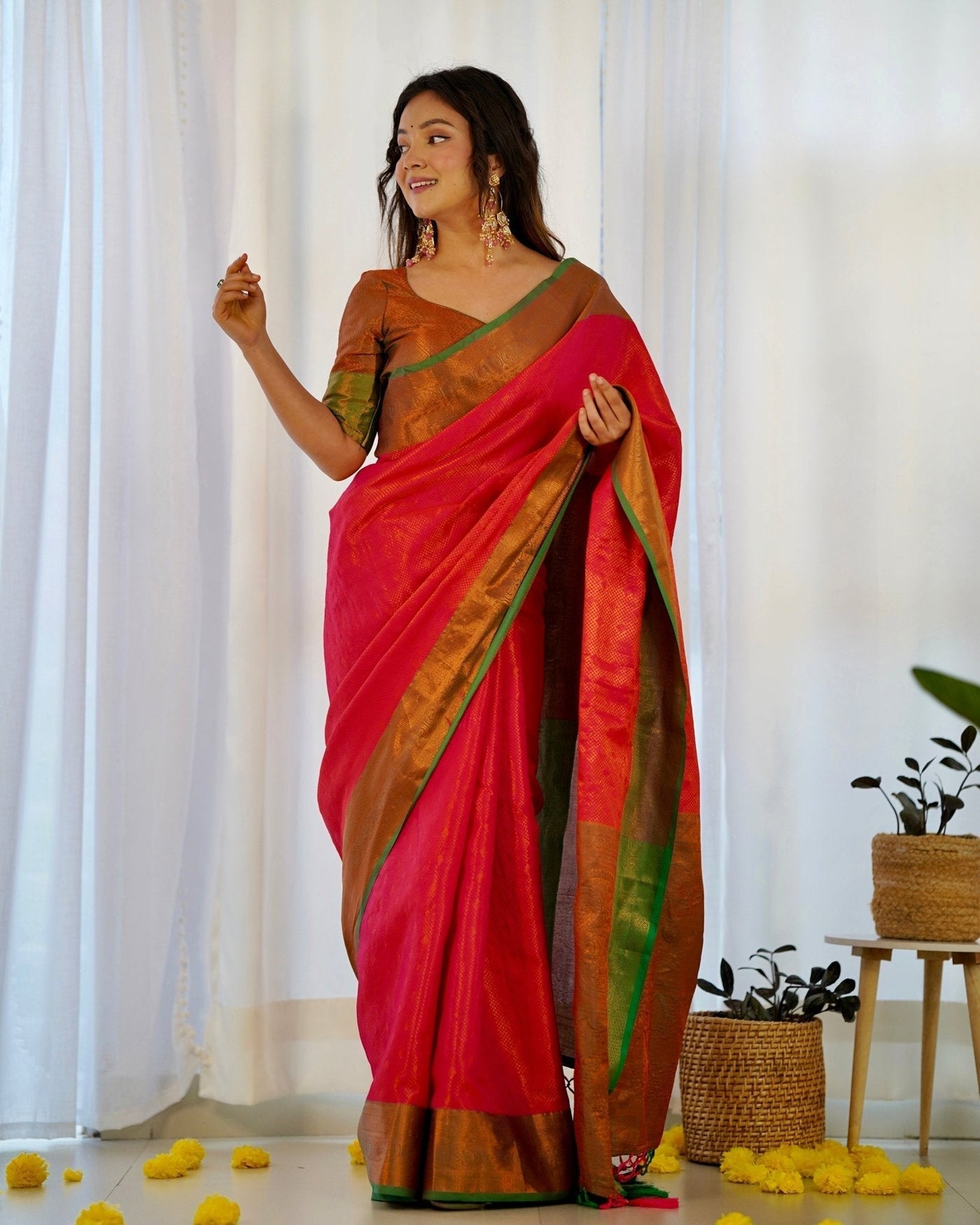 Pure Kanjivaram Silk Saree Weaved With Copper Zari - Almaari Fashion