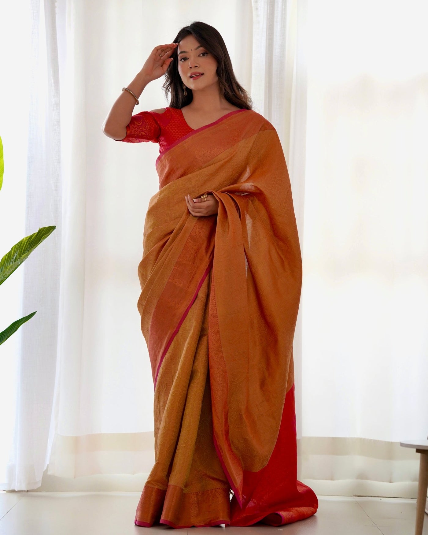 Pure Kanjivaram Silk Saree Weaved With Copper Zari - Almaari Fashion