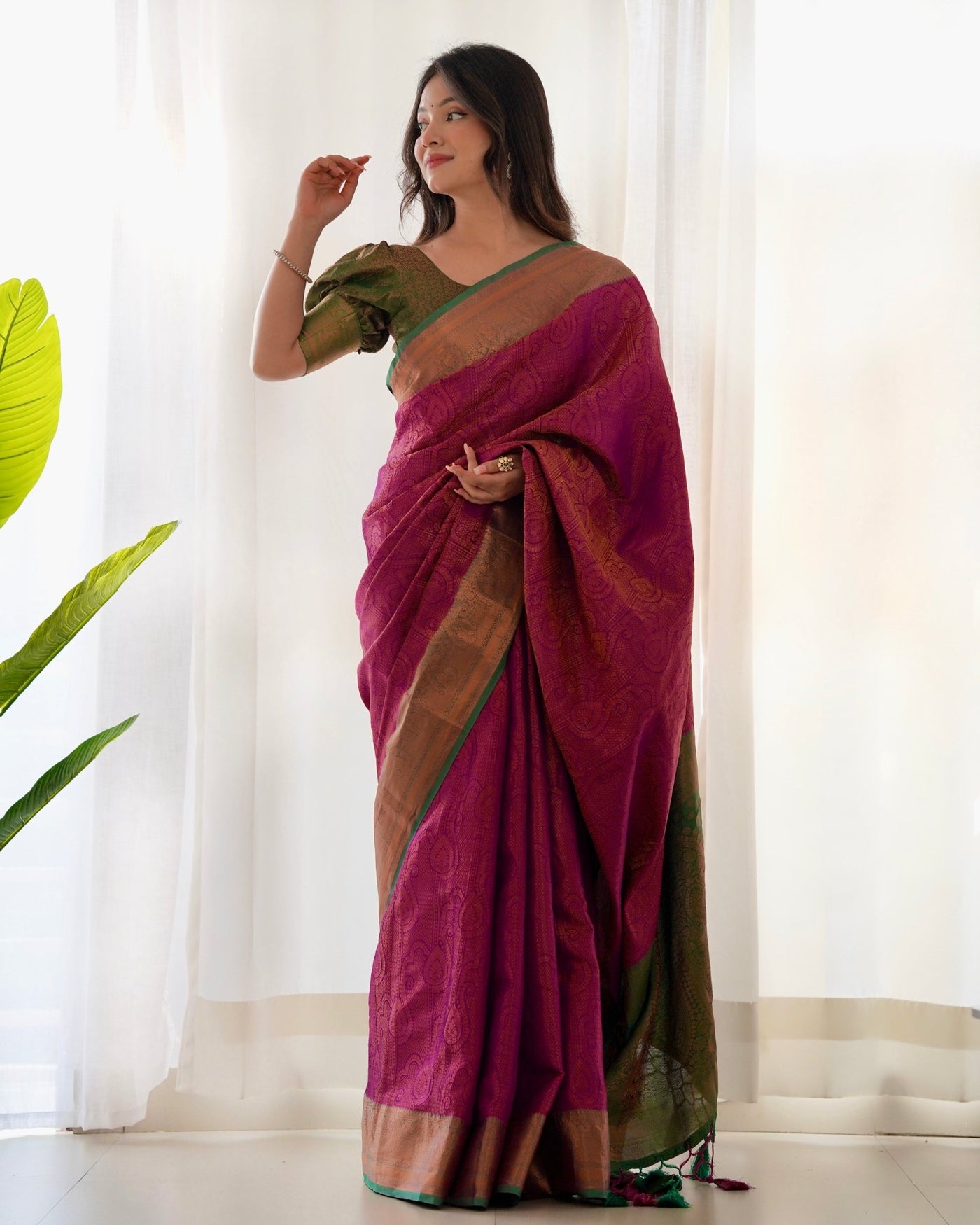 Pure Kanjivaram Silk Saree Weaved With Copper Zari - Almaari Fashion