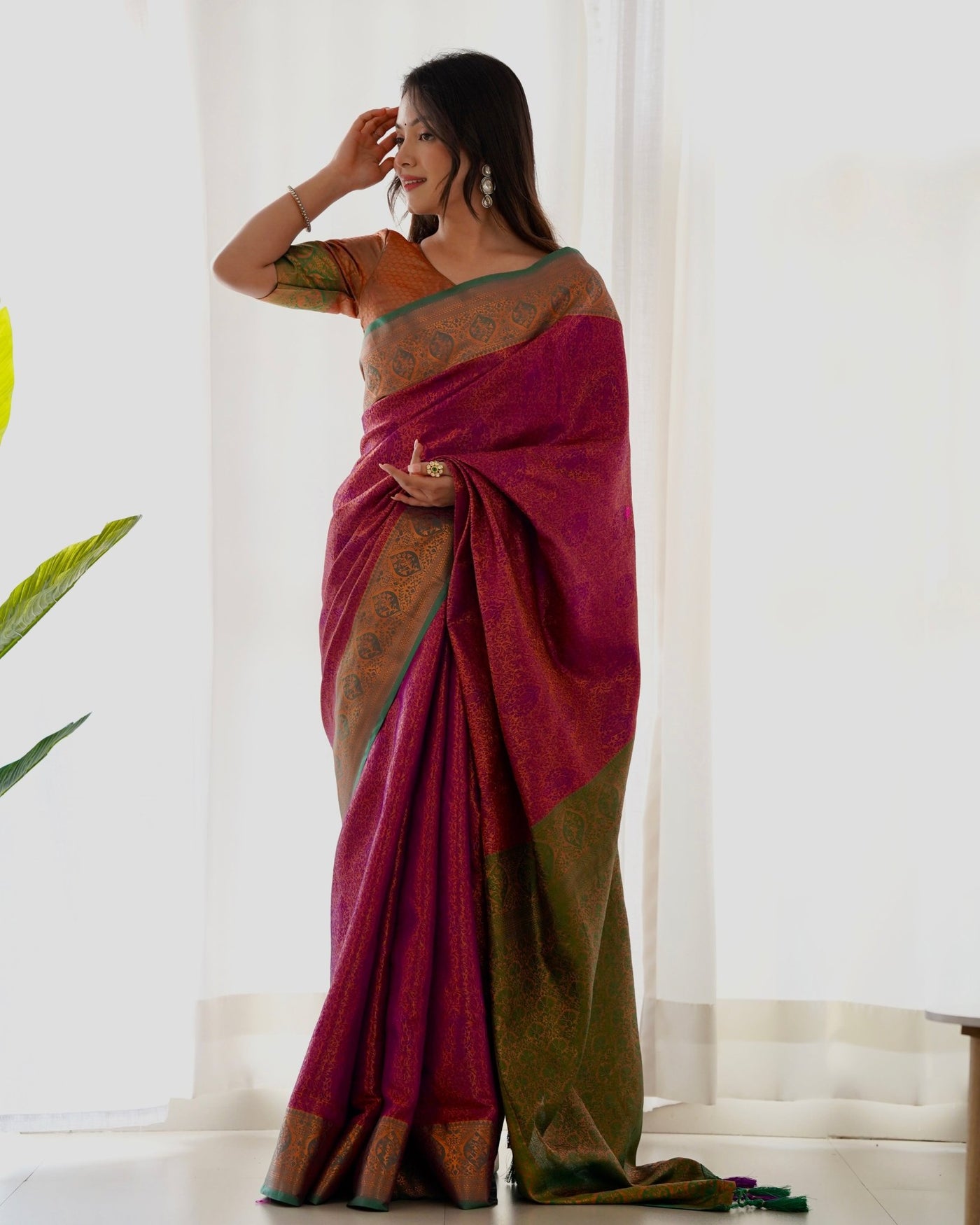 Pure Kanjivaram Silk Saree Weaved With Copper Zari - Almaari Fashion