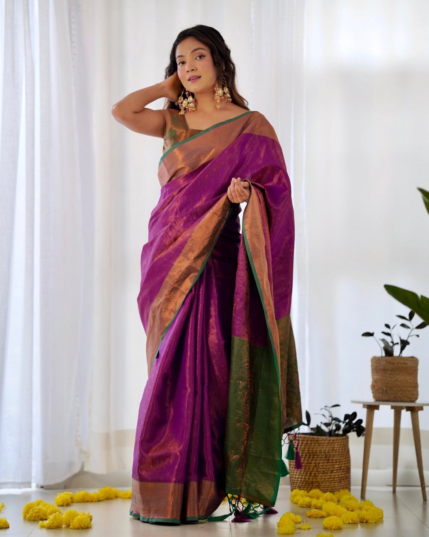 Pure Kanjivaram Silk Saree Weaved With Copper Zari - Almaari Fashion