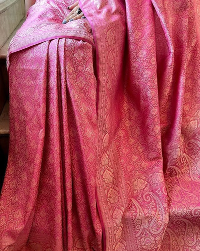 Pure Kanjivaram Silk Weaved With Copper Zari Comes With Heavy Kanjivaram Brocade Blouse - Almaari Fashion