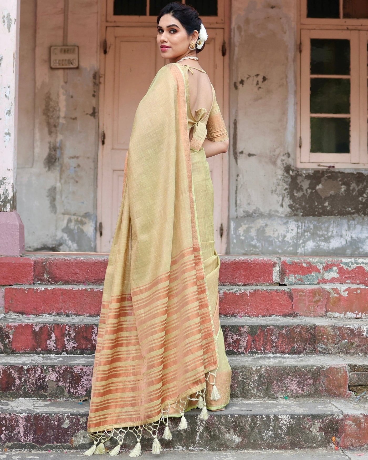 Pure Linen Saree Weaved With Zari Comes With Tassels - Almaari Fashion