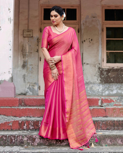 Pure Linen Saree Weaved With Zari Comes With Tassels - Almaari Fashion