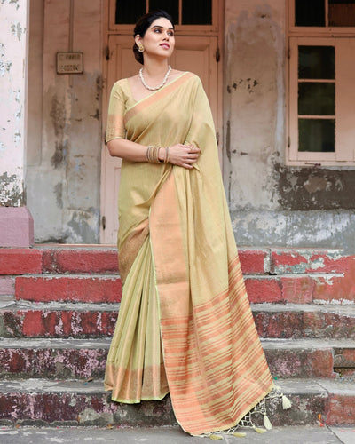 Pure Linen Saree Weaved With Zari Comes With Tassels - Almaari Fashion