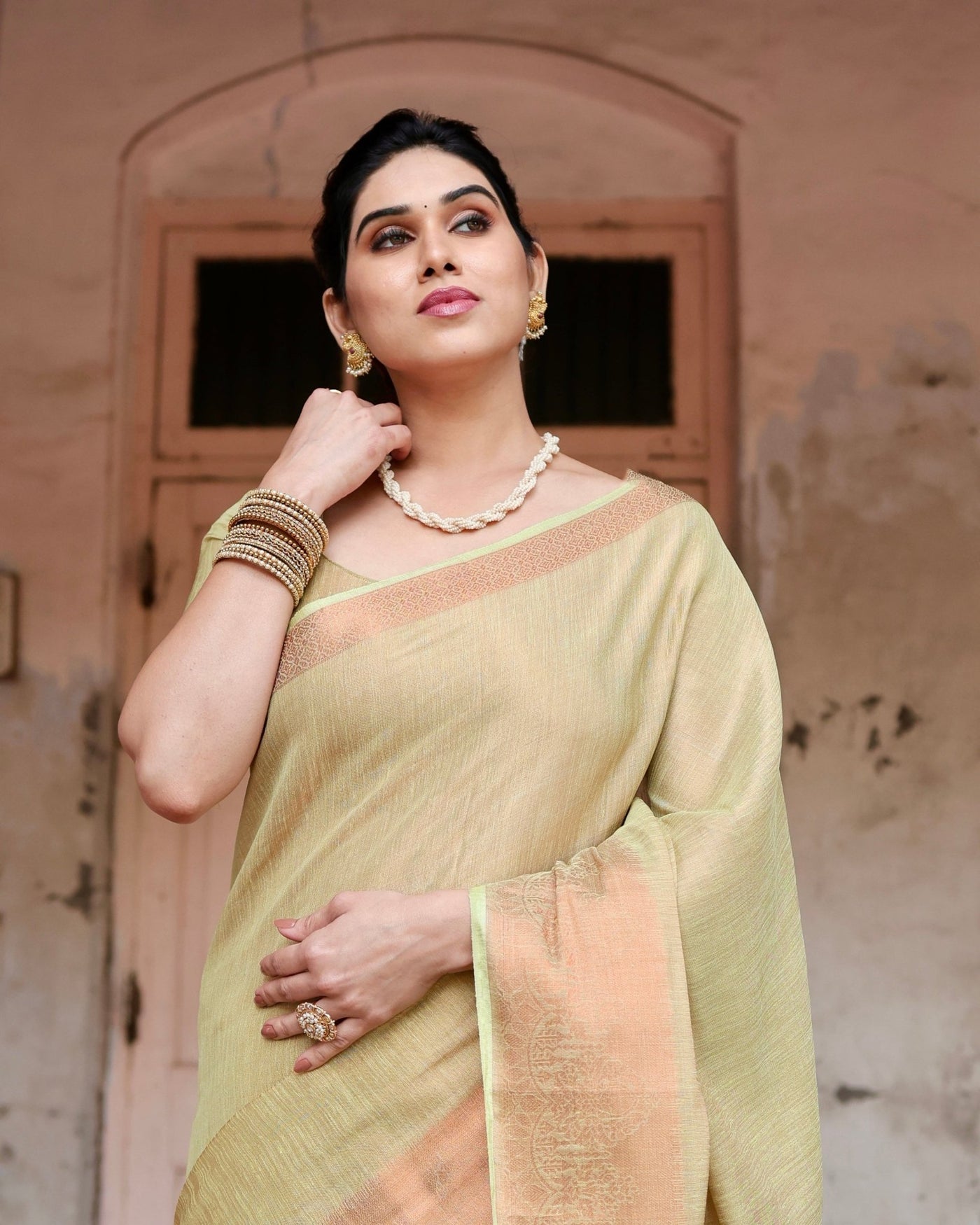 Pure Linen Saree Weaved With Zari Comes With Tassels - Almaari Fashion